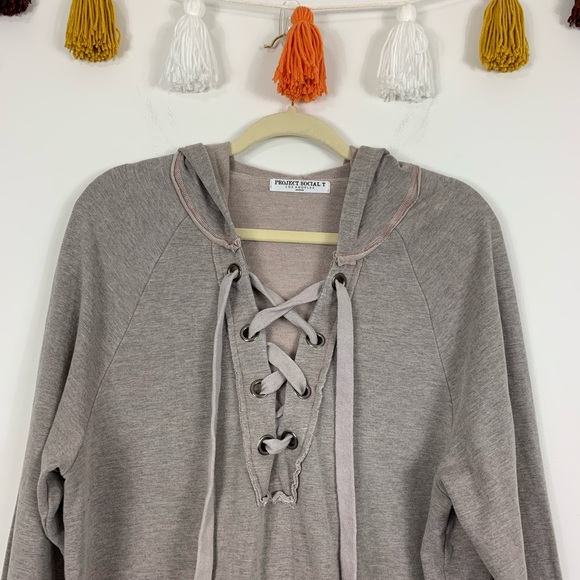 Project Social T Abby Lace-Up Tan Hoodie Medium - Picture 3 of 10